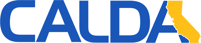 CALDA text in blue with a yellow silhouette of the state of California on the right.