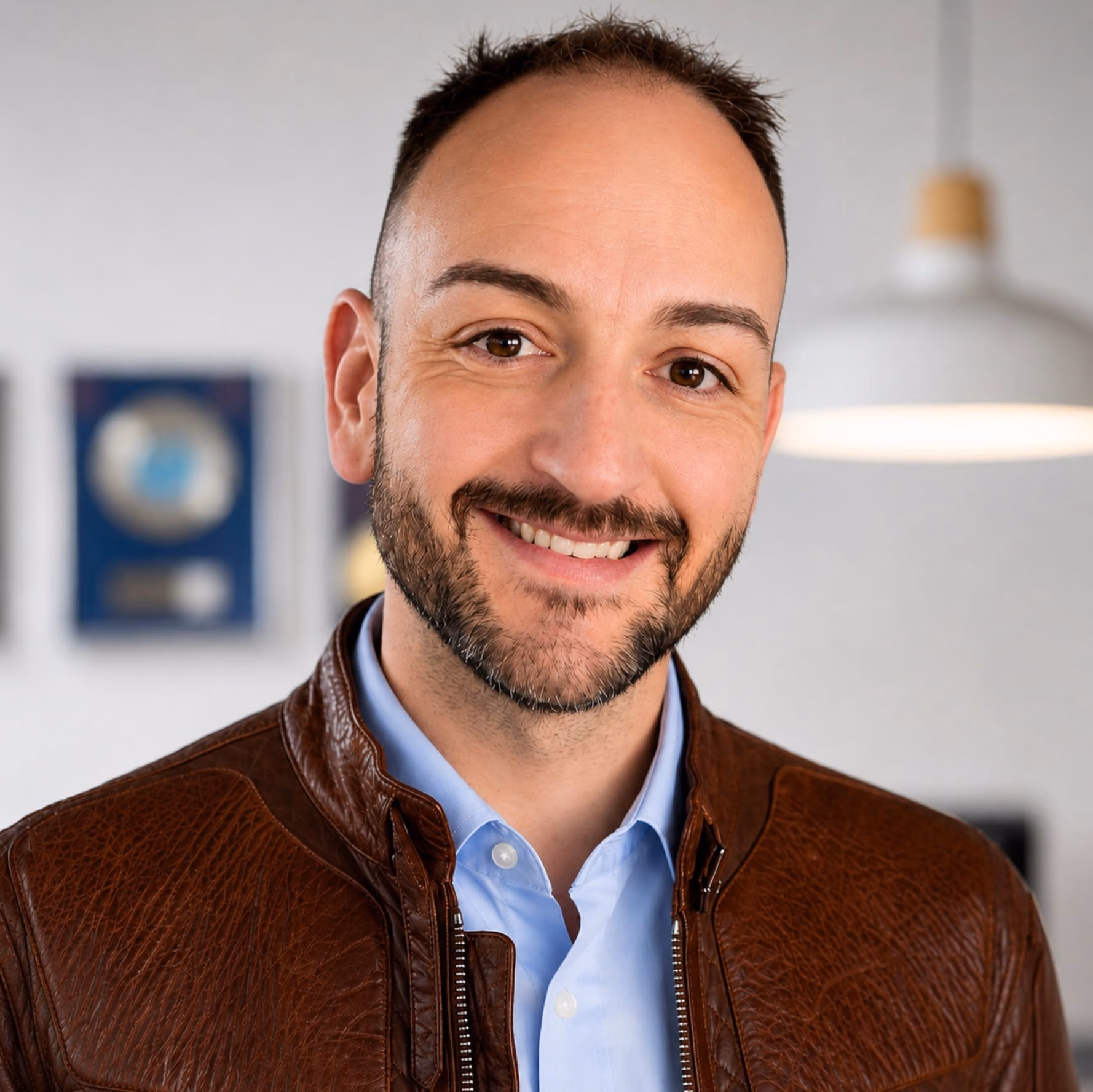 Smiling man with short hair and beard wearing brown leather jacket and blue shirt indoors.